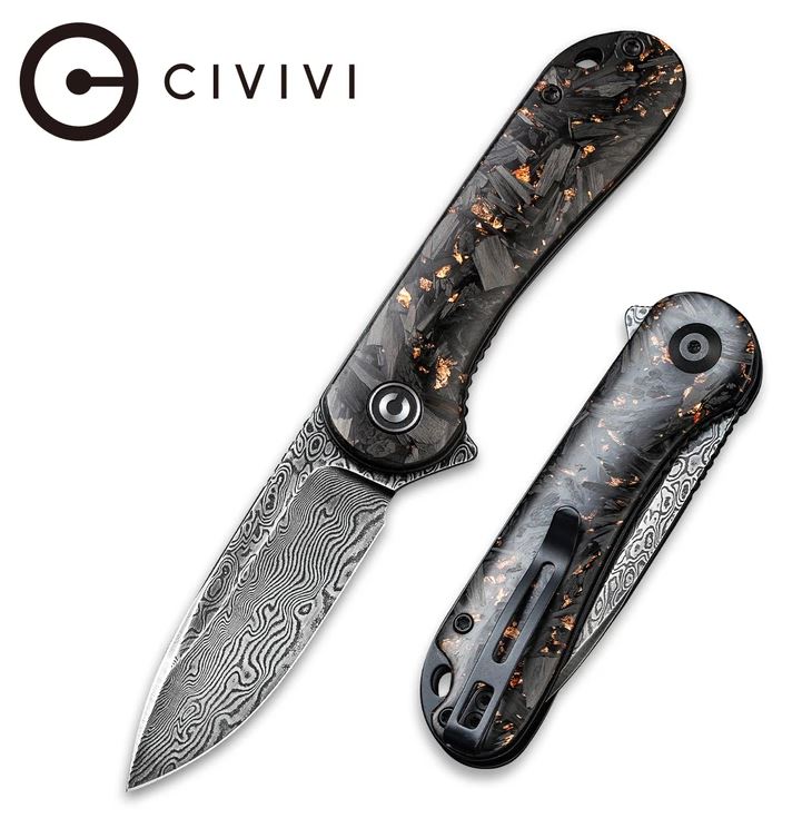 CIVIVI Elementum Flipper Folding Knife, Damascus, Shred Carbon Fiber w/Copper Flakes, 907C-DS3