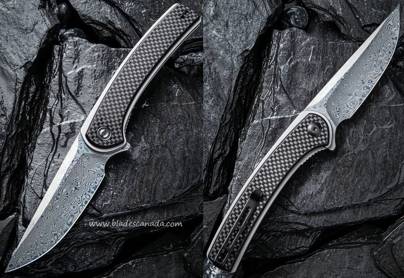 Civivi Asticus Flipper Folding Knife, Damascus Blade, CF Overlay/G10, 2002DS1