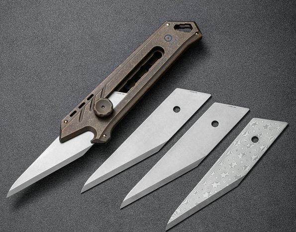 CIVIVI Mandate Utility Knife, Titanium Bronze, 2 extra CrMoV & 1 Damascus Blade, 2007A