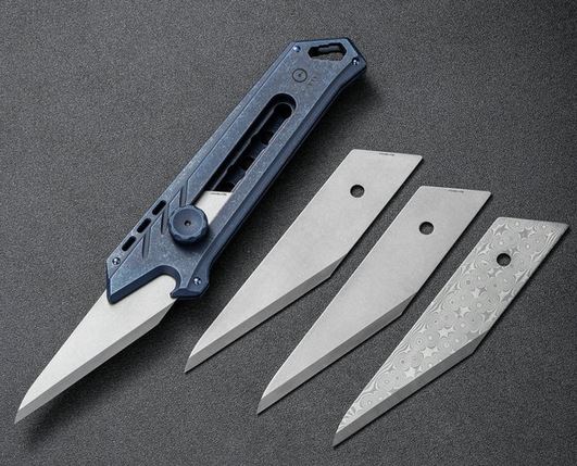 CIVIVI Mandate Utility Knife, Titanium Blue, 2 extra CrMoV & 1 Damascus Blade, 2007B - Click Image to Close