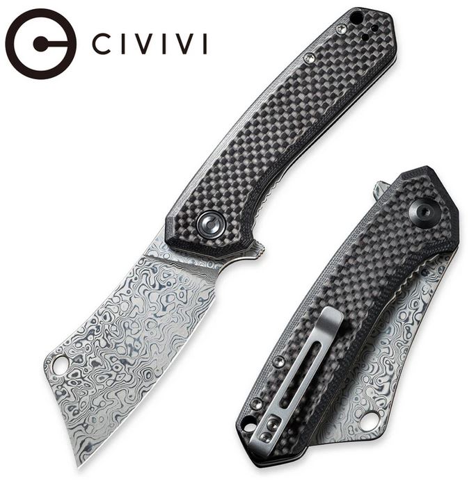 CIVIVI Mini Mastadon Flipper Folding Knife, Damascus, G10 Black/CF, 2011DS-1