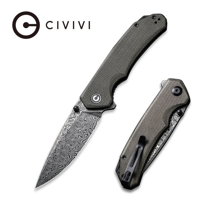 CIVIVI Brazen Flipper Folding Knife, Damascus Blade, Micarta Dark Green, 2102DS-3