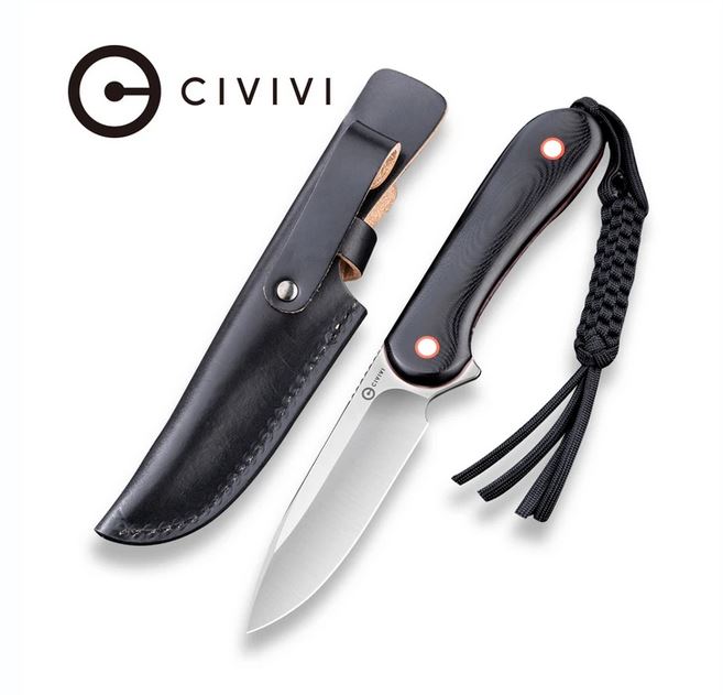 CIVIVI Elementum Fixed Blade Knife, G10 Black/Red, Leather Sheath, 2104A - Click Image to Close