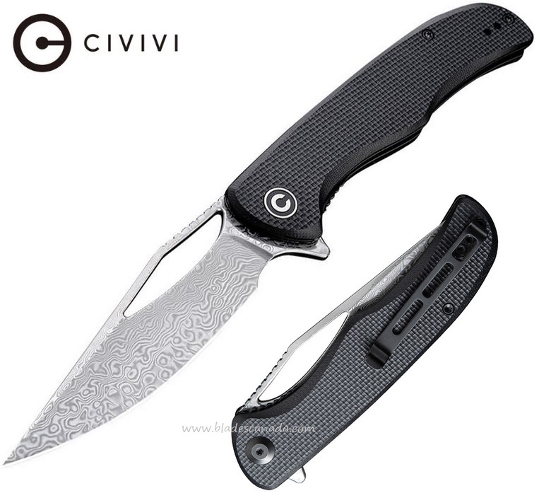 CIVIVI Shredder Flipper Folding Knife, Damascus, G10 Black, 912DS - Click Image to Close