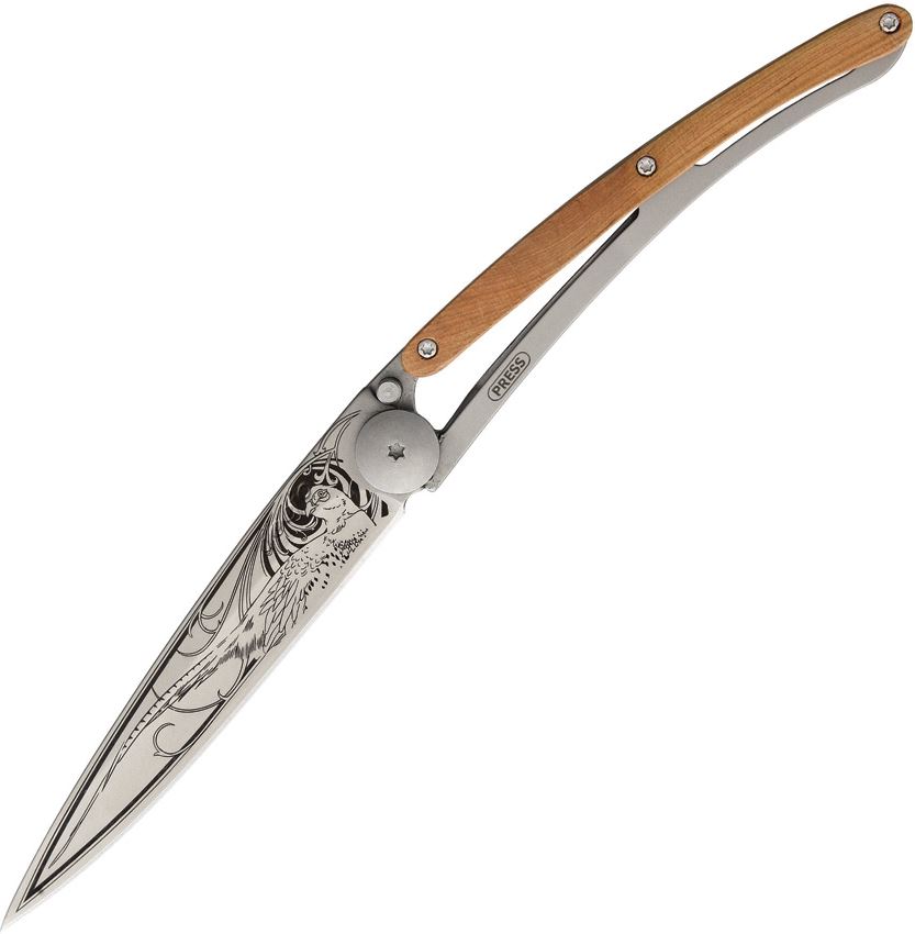 Deejo Pheasant Tattoo Framelock Folding Knife, Juniper Wood, 37 gram, 1CB038
