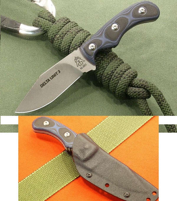TOPS Delta Unit 3 Fixed Blade Knife, 1095 Carbon, G10 Black/Blue, Kydex Sheath, DEUT03