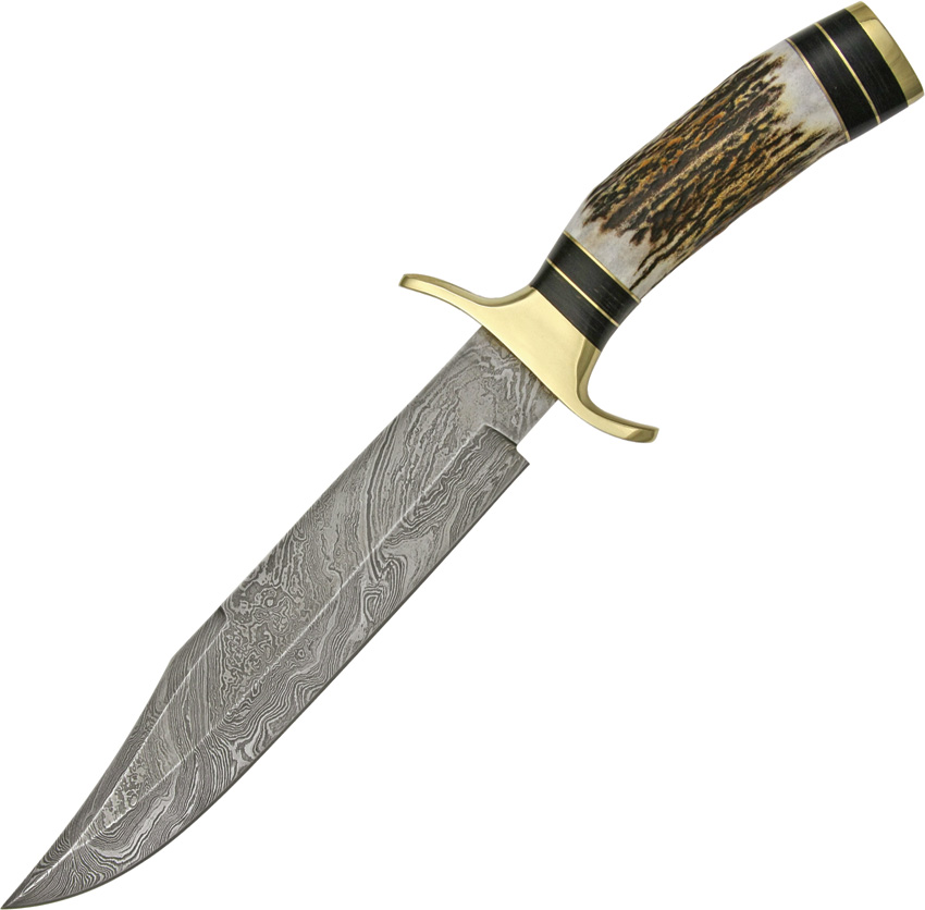 Damascus 1033 Iron Maiden Bowie Fixed Blade Knife, Stag Handle, Leather Sheath