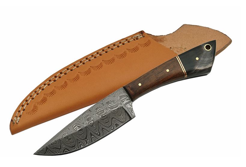 Damascus DM1123HN Fixed Blade Skinner Knife, Walnut/Horn Handle, Leather Sheath