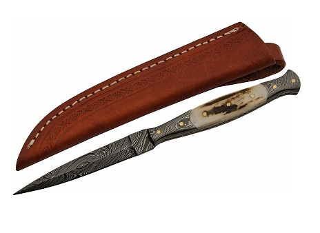 Damascus 1178 Slim Stag Dagger Fixed Blade Knife, Leather Sheath