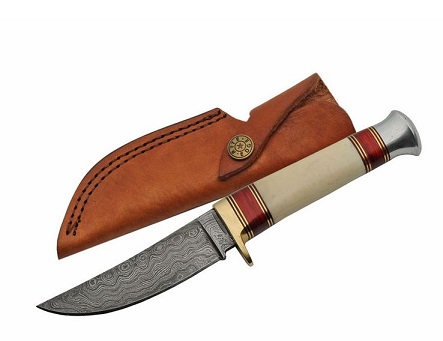 Damascus 1189 Hunter Fixed Blade Knife, Bone/Pakka Wood Handle, Leather Sheath