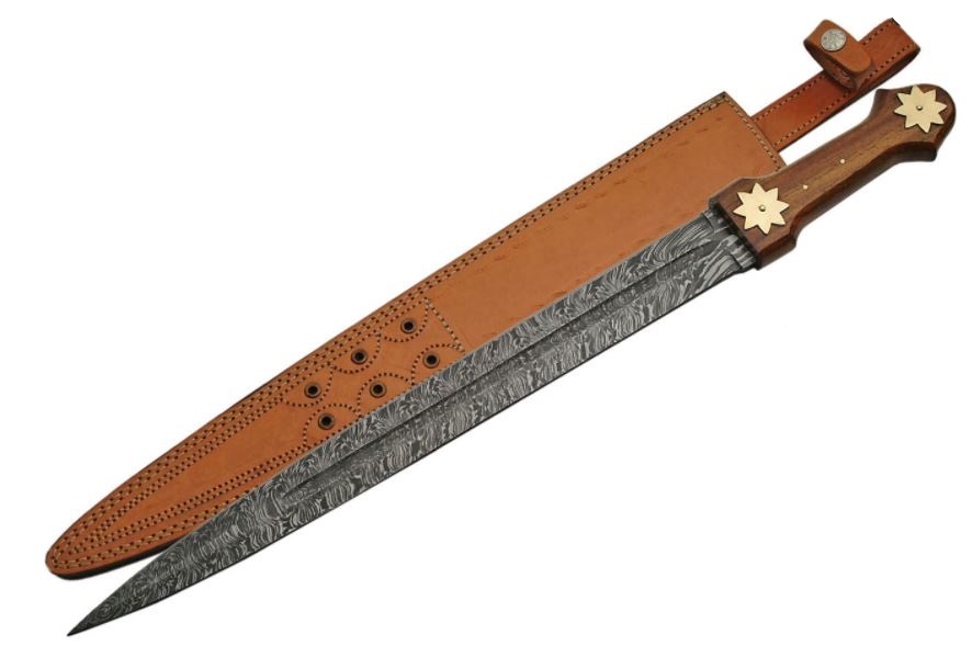 Damascus Firestorm Sword, Wood Handle, Leather Sheath, DM5013