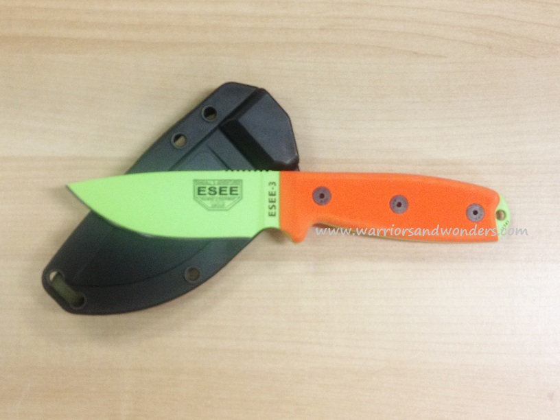 ESEE 3PM-VG Fixed Blade Knife, 1095 Carbon Venom Green, G10 Orange Rounded Pommel, Nylon Sheath