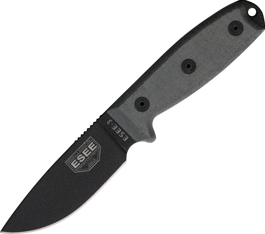 ESEE 3PM-B Fixed Blade Knife, 1095 Carbon, Micarta Round Pommel, Black Sheath