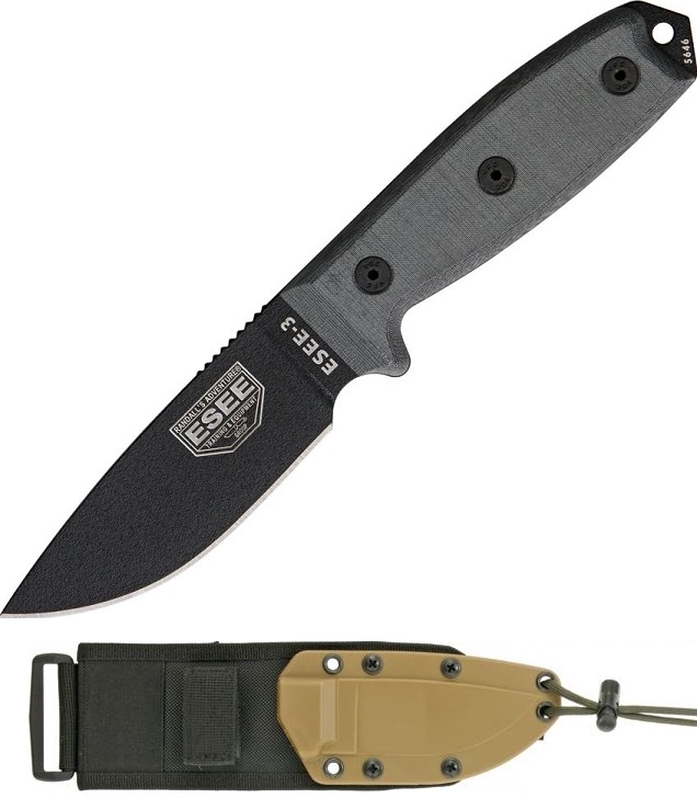 ESEE 3P-MB Fixed Blade Knife, 1095 Blade, Micarta, Coyote Sheath w/MOLLE Back - Click Image to Close