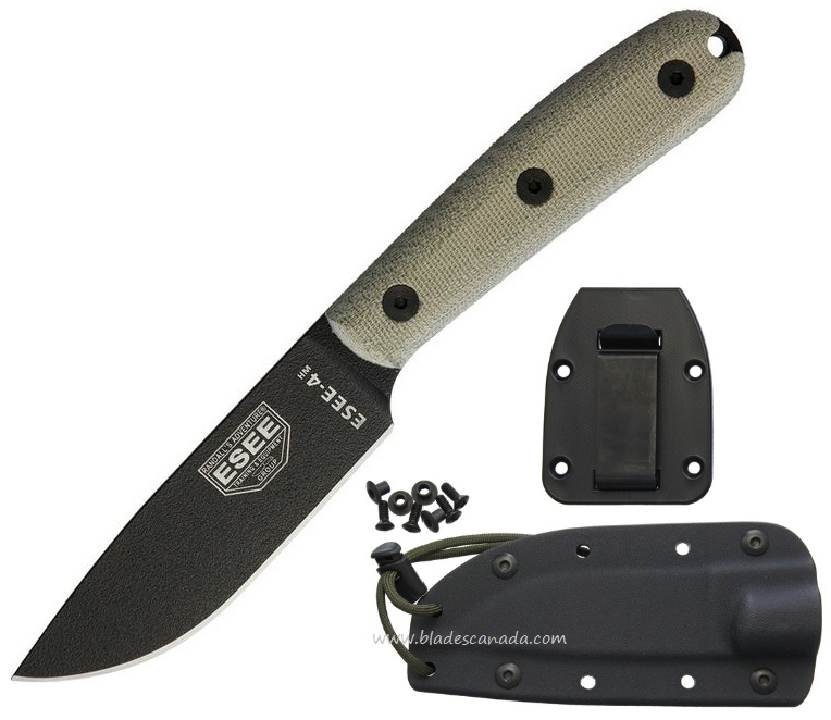 ESEE 4HM-K Fixed Blade Knife, 1095 Carbon, Modified Micarta Handle, Kydex Sheath