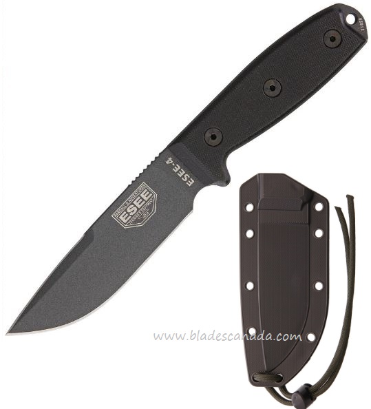 ESEE 4P-CP-TGB Fixed Blade Knife, 1095 Carbon Clip Point, Micarta, Black Molded Sheath