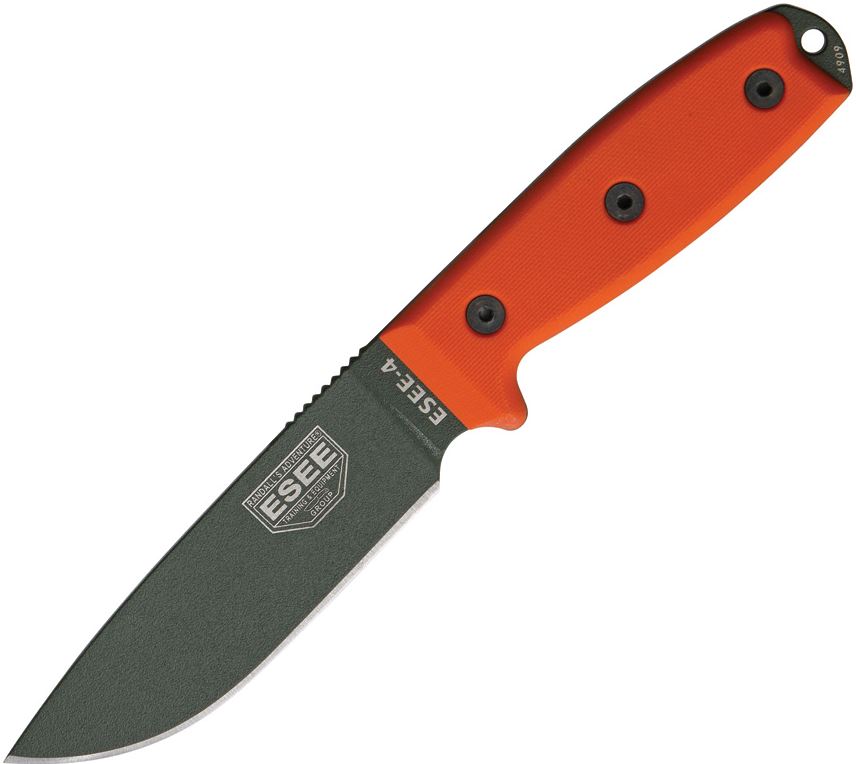 ESEE 4P-OD Fixed Blade Knife, 1095 Carbon OD Green, G10 Orange, Black Sheath