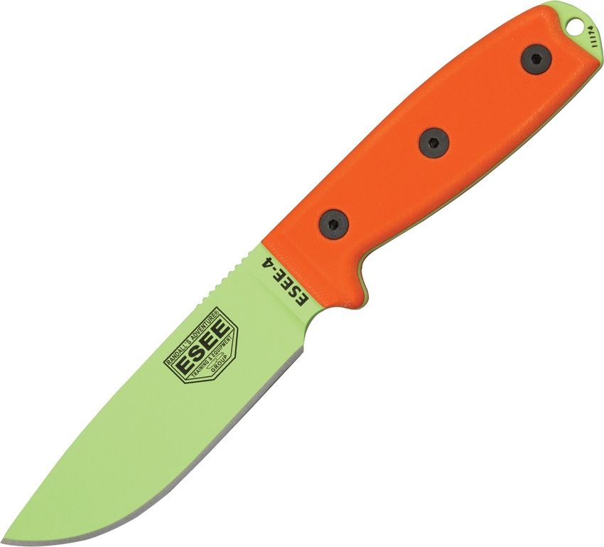 ESEE 4P-VG Fixed Blade Knife, 1095 Carbon Venom Green, G10 Orange Rounded Pommel, Molded Sheath