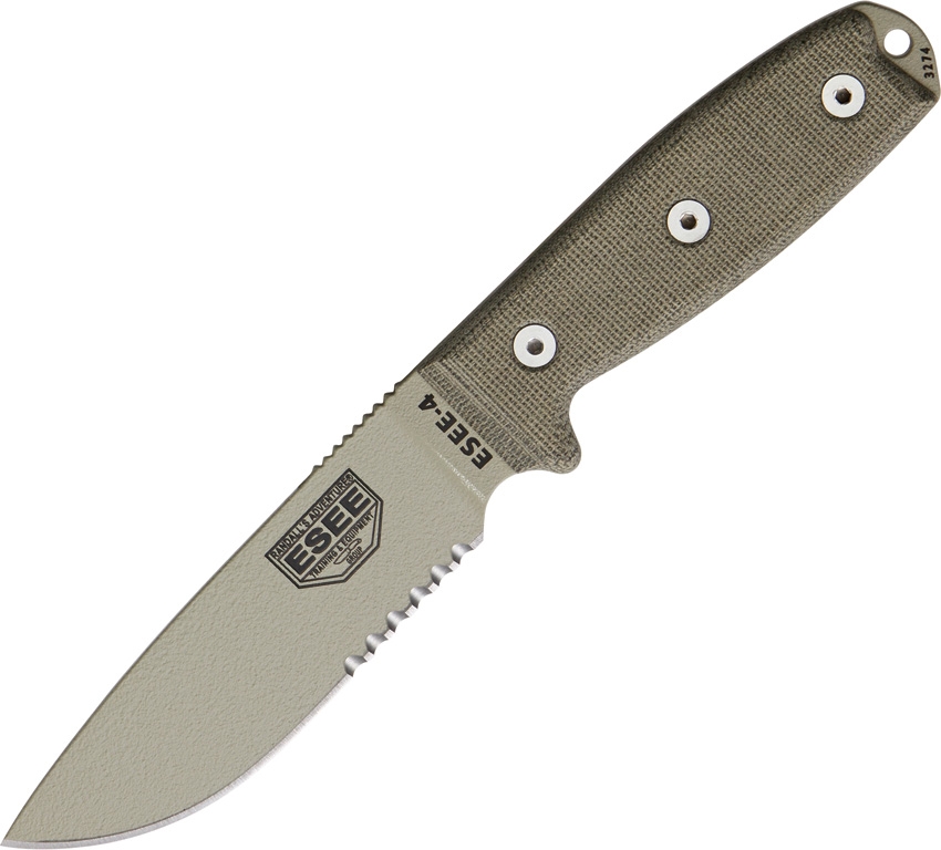 ESEE 4S-MB-DT Fixed Blade Knife, 1095 Carbon Desert Tan, Micarta, Green Sheath w/MOLLE