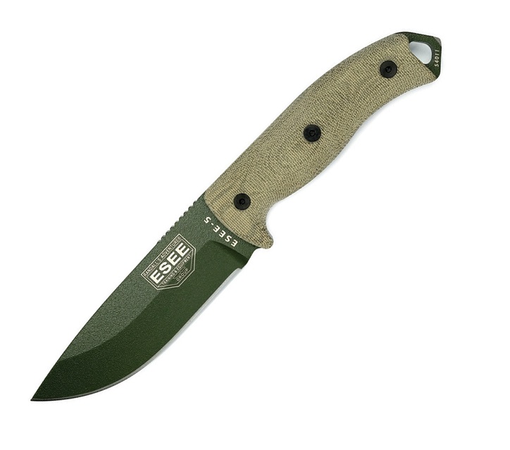 ESEE 5POD-017 Fixed Blade Knife, 1095 Carbon OD Green, 3D Canvas Micarta Green, Kydex Sheath