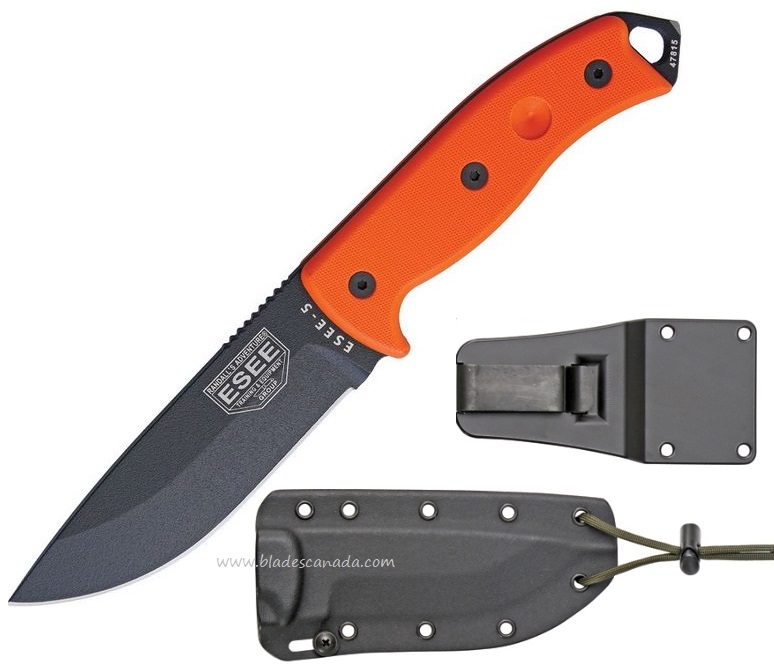 ESEE 5P-BOR Fixed Blade Knife, 1095 Carbon, G10 Orange, Kydex Sheath