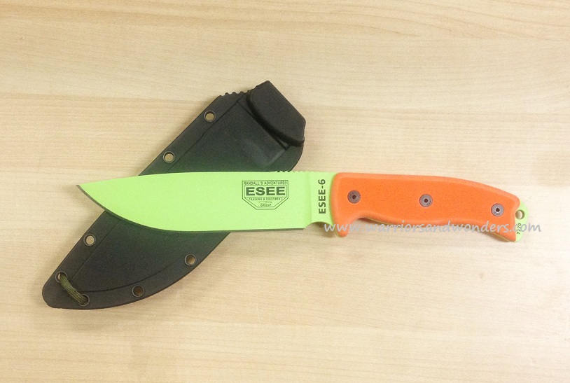 ESEE 6P-VG Fixed Blade Knife, 1095 Carbon Venom Green, G10 Orange, Black Sheath