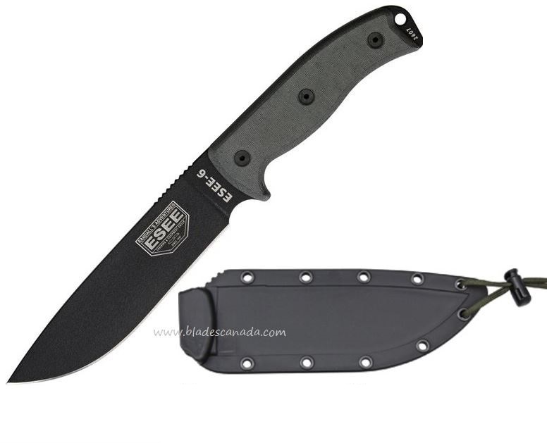 ESEE 6P-B Fixed Blade Knife, 1095 Carbon, Micarta Handle, Molded Sheath