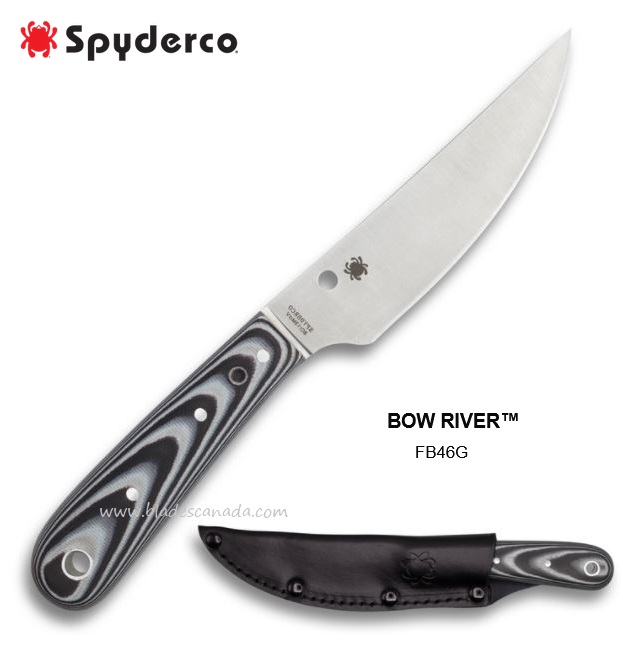 Spyderco Bow River Fixed Blade Knife, G10 Black/White, FB46GP w/ Leather Sheath