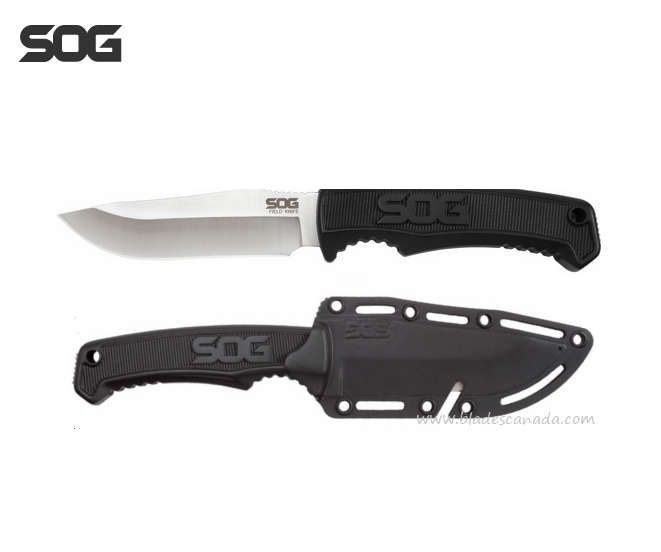 SOG Field Knife Fixed Blade Knife, Black Handle, GRN Sheath, FK1001