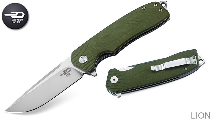 Bestech Lion Flipper Folding Knife, D2 Two-Tone, G10 Green, BG01B