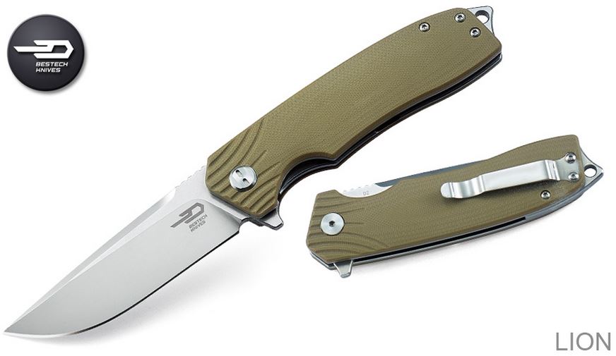Bestech Lion Flipper Folding Knife, D2 Two-Tone, Tan G10, BG01C