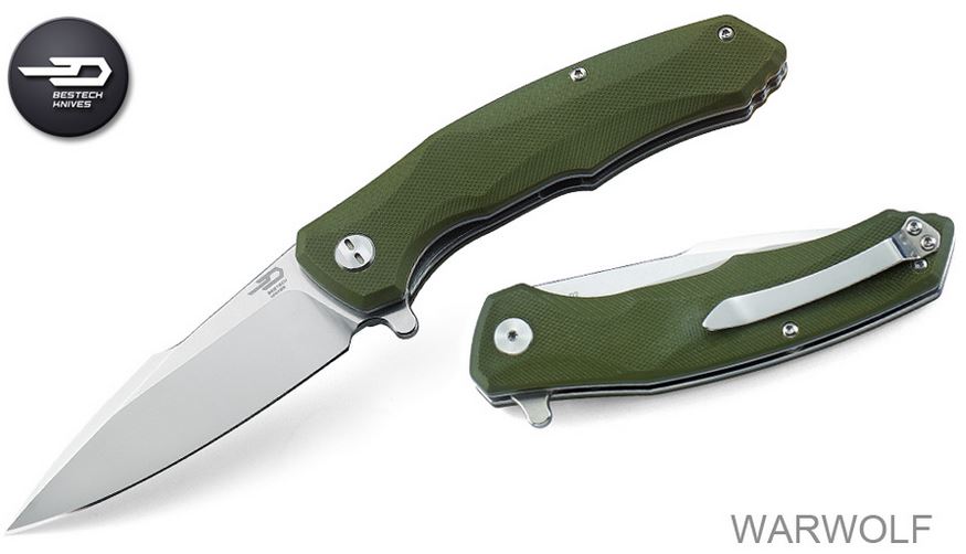 Bestech Warwolf Flipper Folding Knife, D2 Two-Tone, G10 Green, BG04B