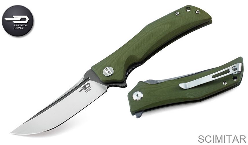Bestech Scimitar Flipper Folding Knife, D2 Two-Tone, G10 Green, BG05B-2