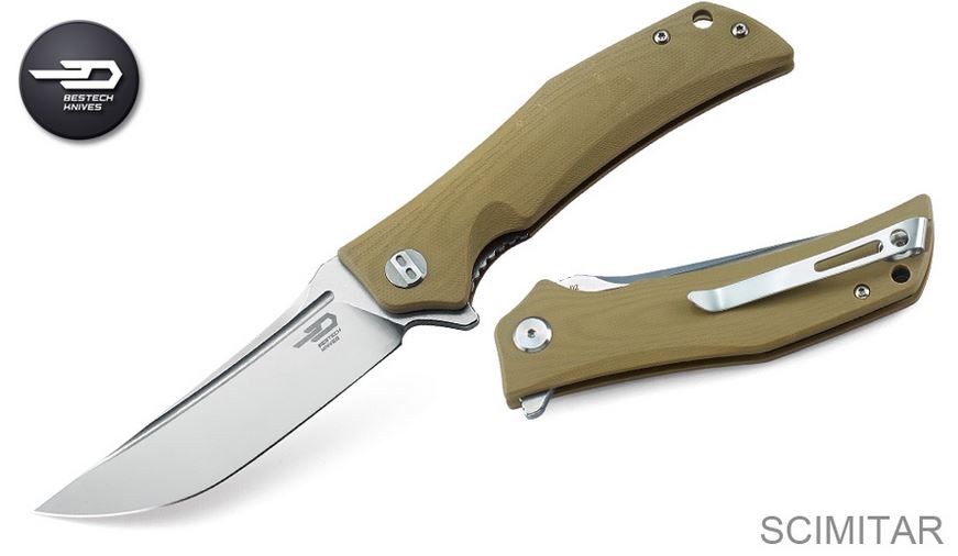 Bestech Scimitar Flipper Folding Knife, D2 Two-Tone, G10 Tan, BG05C-1