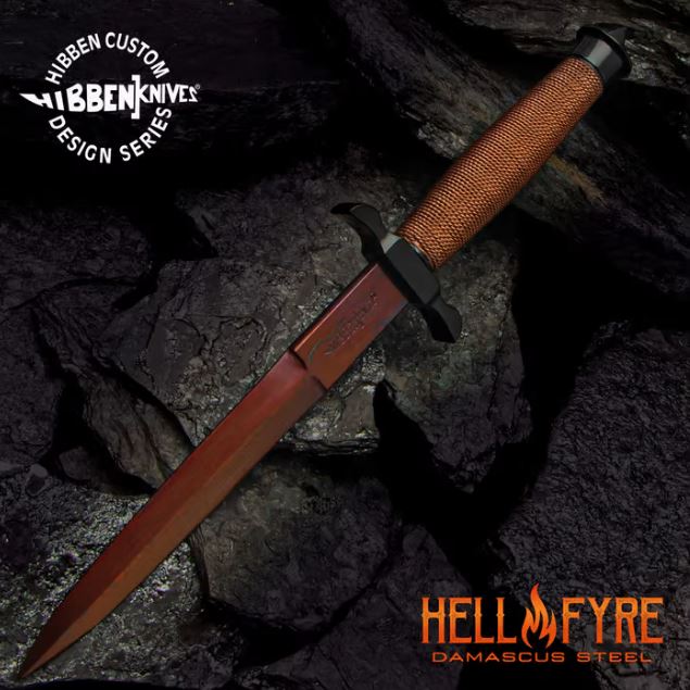 Gil Hibben HellFyre Shadow Knife, Damascus Steel, Leather Sheath, GH0441RD