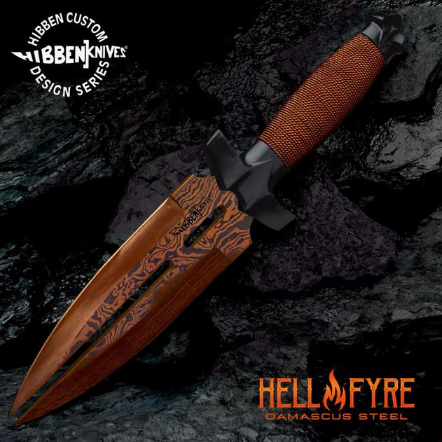 Gil Hibben HellFyre Double Shadow Knife, Damascus Steel, Leather Sheath, GH0453RD