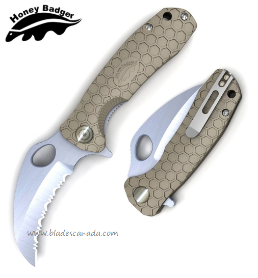 Honey Badger Large Claw Flipper Folding Knife, Serrated, FRN Tan, HB1112