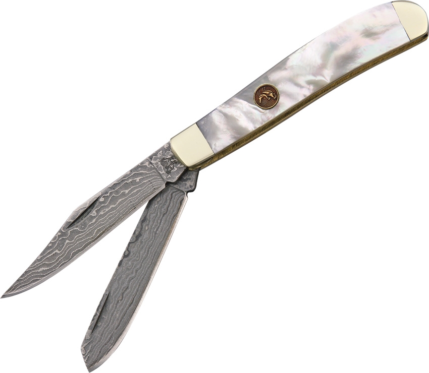 Hen & Rooster Trapper Slipjoint Folding Knife, Damascus, Mother of Pearl, 412MOPDM