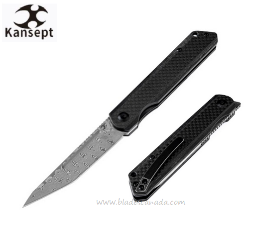 Kansept Prickle Flipper Folding Knife, Damascus, Carbon Fiber/Stainless, K1012D1