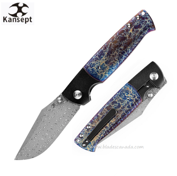 Kansept Shikari Folding Knife, Rose Pattern Damascus, Lighting Strike Titanium, K1027A8