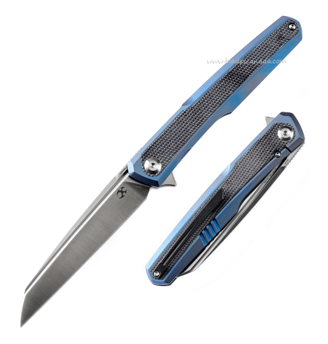 Kansept Arcus Flipper Framelock Knife, CPM S35VN Satin, Titanium Blue/Micarta Black, K1046A3