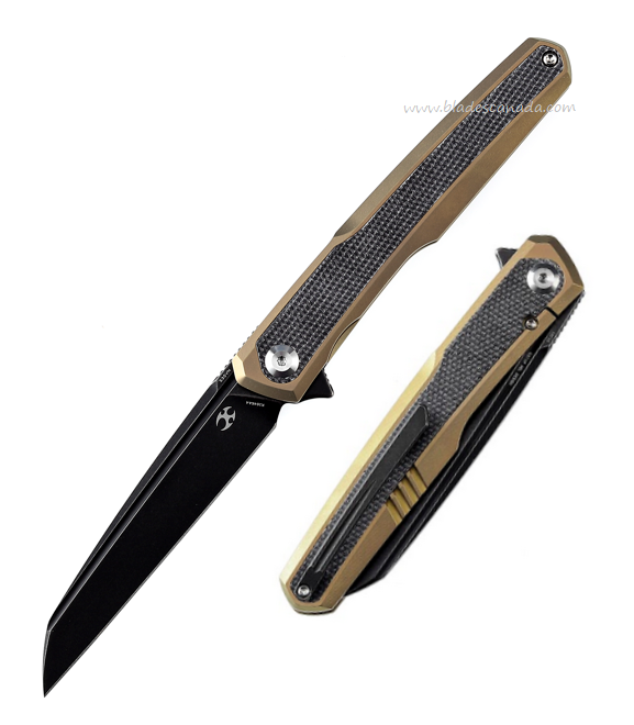 Kansept Arcus Flipper Framelock Knife, CPM S35N Black SW, Titanium Gold Ano/Micarta Black, K1046A4