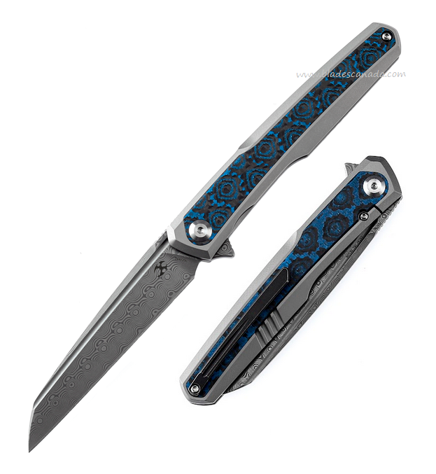 Kansept Arcus Flipper Framelock Knife, Damascus, Titanium/Carbon Fiber Blue Rose, K1046D2