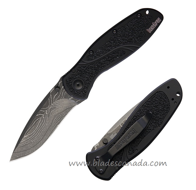 Kershaw Blur Folding Knife, Assisted Opening, Damascus Blade, Aluminum Black, K1670BLKDAM