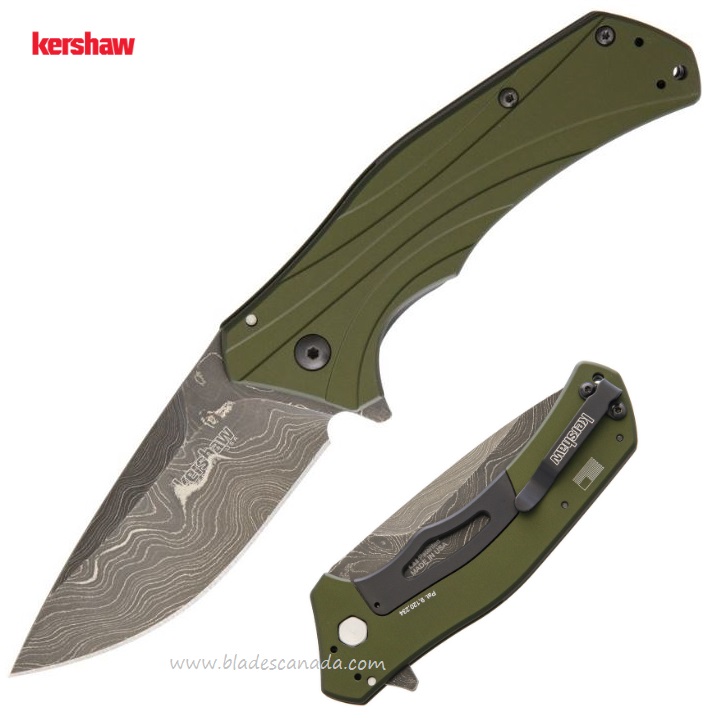 Kershaw Knockout Flipper Folding Knife, Assisted Opening, Damascus Blade, Aluminum OD, K1870OLDAM