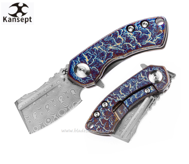 Kansept Mini Korvid Flipper Framelock Knife, Damascus, Titanium Lightning Strike, K3030D1