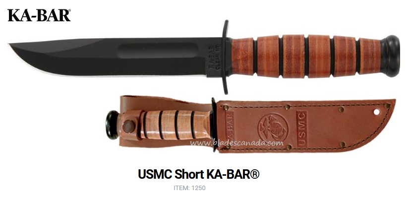 Ka-Bar USMC Short Fixed Blade Knife, 1095 Cro-Van, Leather Handle, Leather Sheath, Ka1250 - Click Image to Close