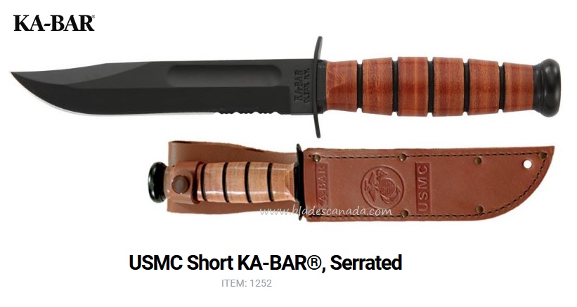 Ka-Bar USMC Short Fixed Blade Knife, 1095 Cro-Van, Leather Handle and Sheath, Ka1252