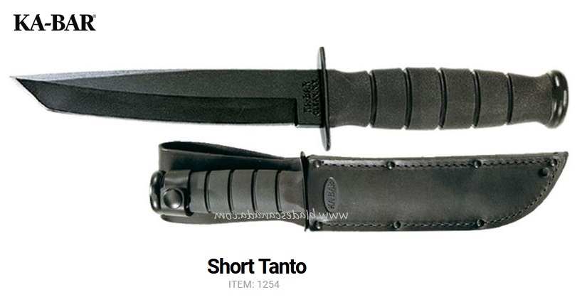 Ka-Bar Short Tanto Fixed Blade Knife, 1095 Cro-Van, Leather Sheath, Ka1254