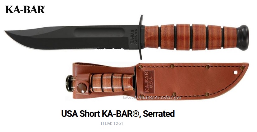 Ka-Bar Short Fixed Blade Knife, 1095 w/Serration, Leather Handle, Leather Sheath, Ka1261